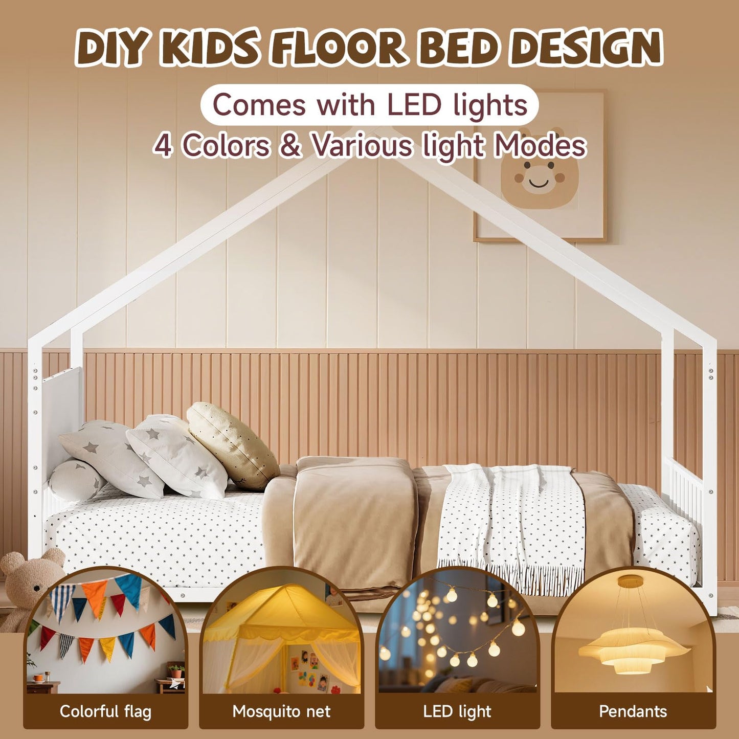 Osparple Twin Size Toddler Floor Bed with LED Light, Metal Montessori Bed Frame, Metal House Bed, Playhouse Floor Bed, Platform Bedframe with Headboard, Footboard and Slats Support for Boys and Girls