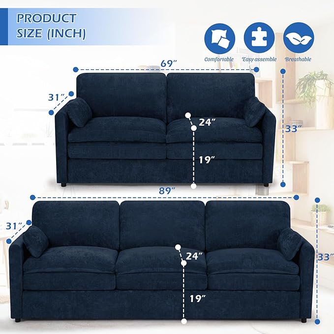 ACMEASE 2 Pieces Chenille Sofa Set w/Arm Pillows, Upholstered Loveseat & 3 Seater Sofa w/Comfortable Back Cushions, Modern 2-Seat & 3-Seat w/High-Density Foam for Living Room, Apartment, Blue