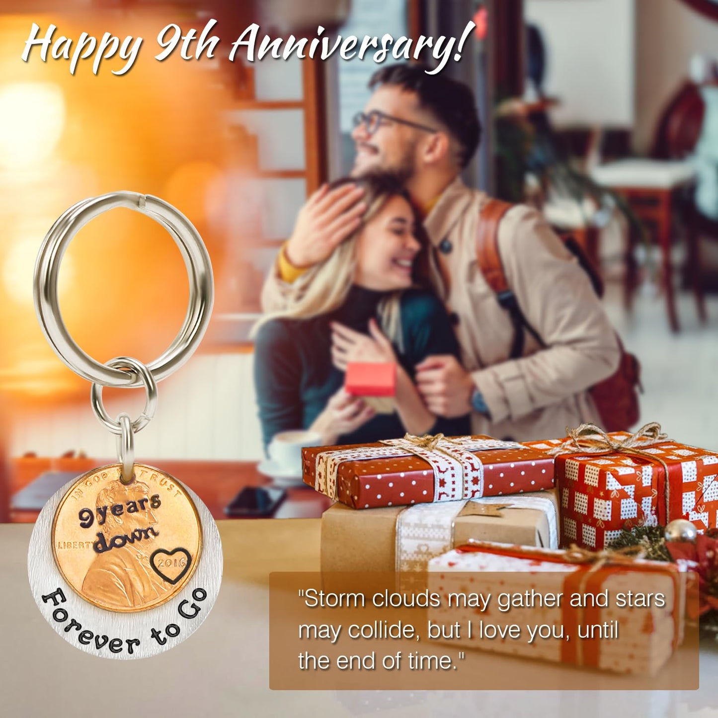 HRMYUDI 9 Years Anniversary Pottery Wedding Gift for Man Woman, Coin Keychain with a 2016 Penny, 9 Years Down and Forever To Go, Ninth Wood Wedding Anniversary Presents for Him Her