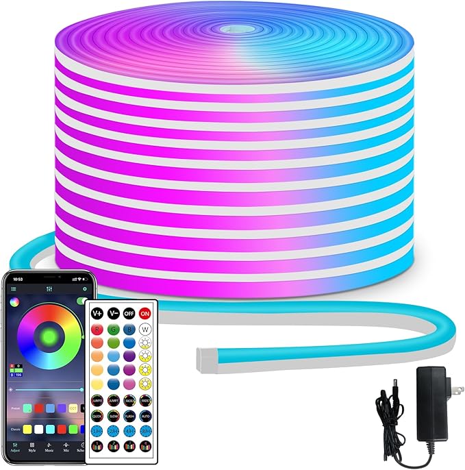 segrass 50ft RGB LED neon Rope Lights LED neon Strip Lights with Remote Control/APP Control IP65 24V Waterproof Flexible N...