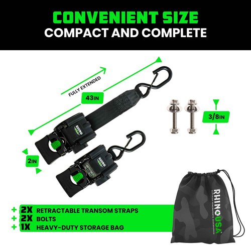 Rhino USA Retractable Boat Trailer Tie Down Straps 2PK – Durable (2in x 43in) Trailer Mount Transom Straps for Boat, Jet Ski – Powder Coated Black Steel – Fresh Water Compatible