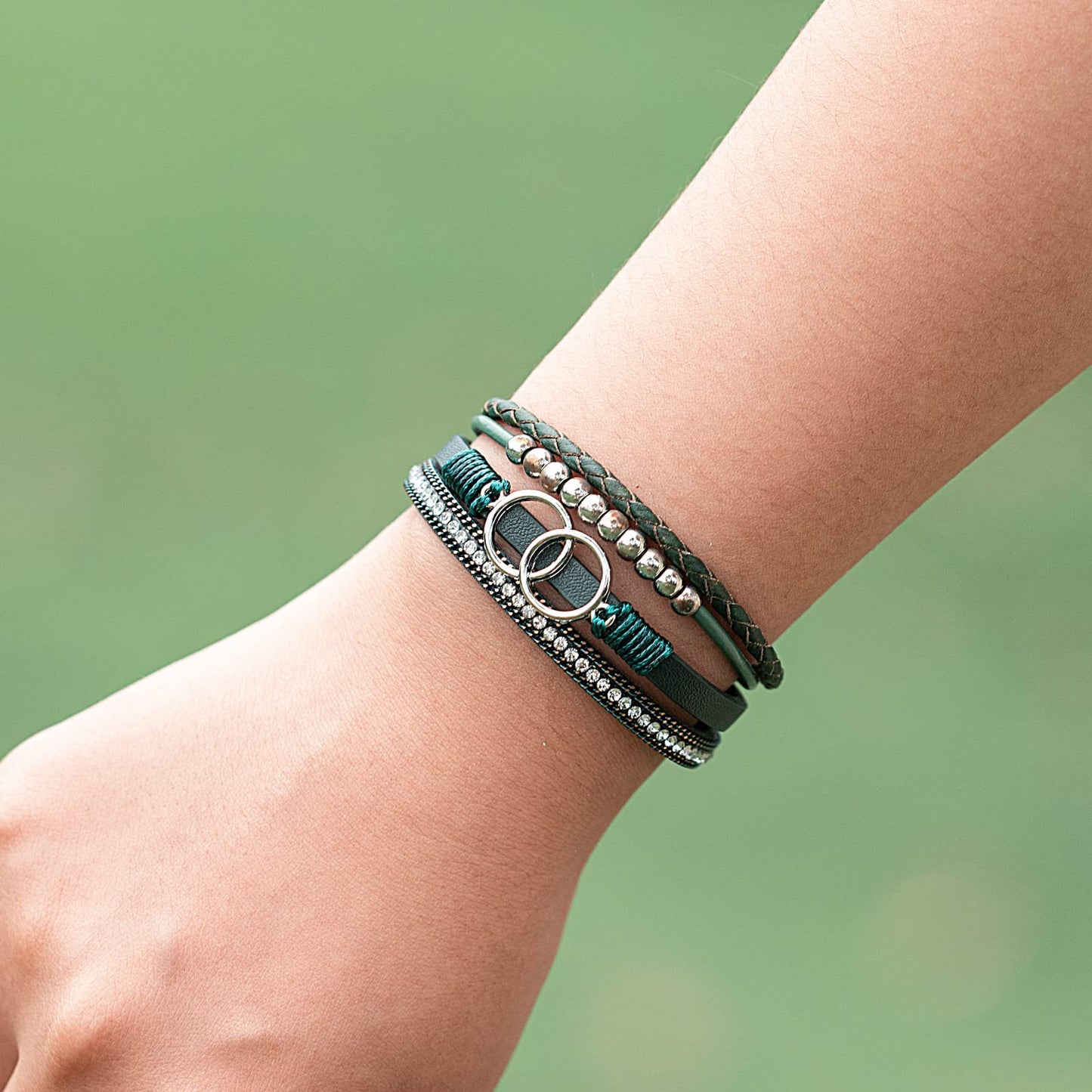 FANCY SHINY Boho Wrap Bracelets Leather Cuff Bangle Beaded Bracelets for Women Stackable Infinity Bracelets Jewelry with Clasp(O