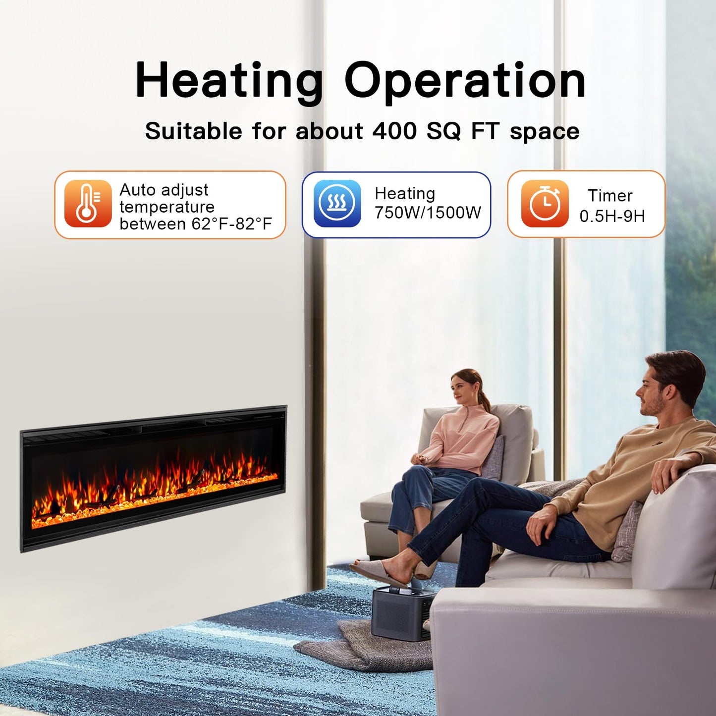 TUAN Electric Fireplace Inserts, Ultra Thin Wall Mounted Fireplace with Remote Control, Multicolor Realistic Flame, Touch Screen, Thermostat, Timer, 750w/1500w (Log & Crystal Included) (60 inch)