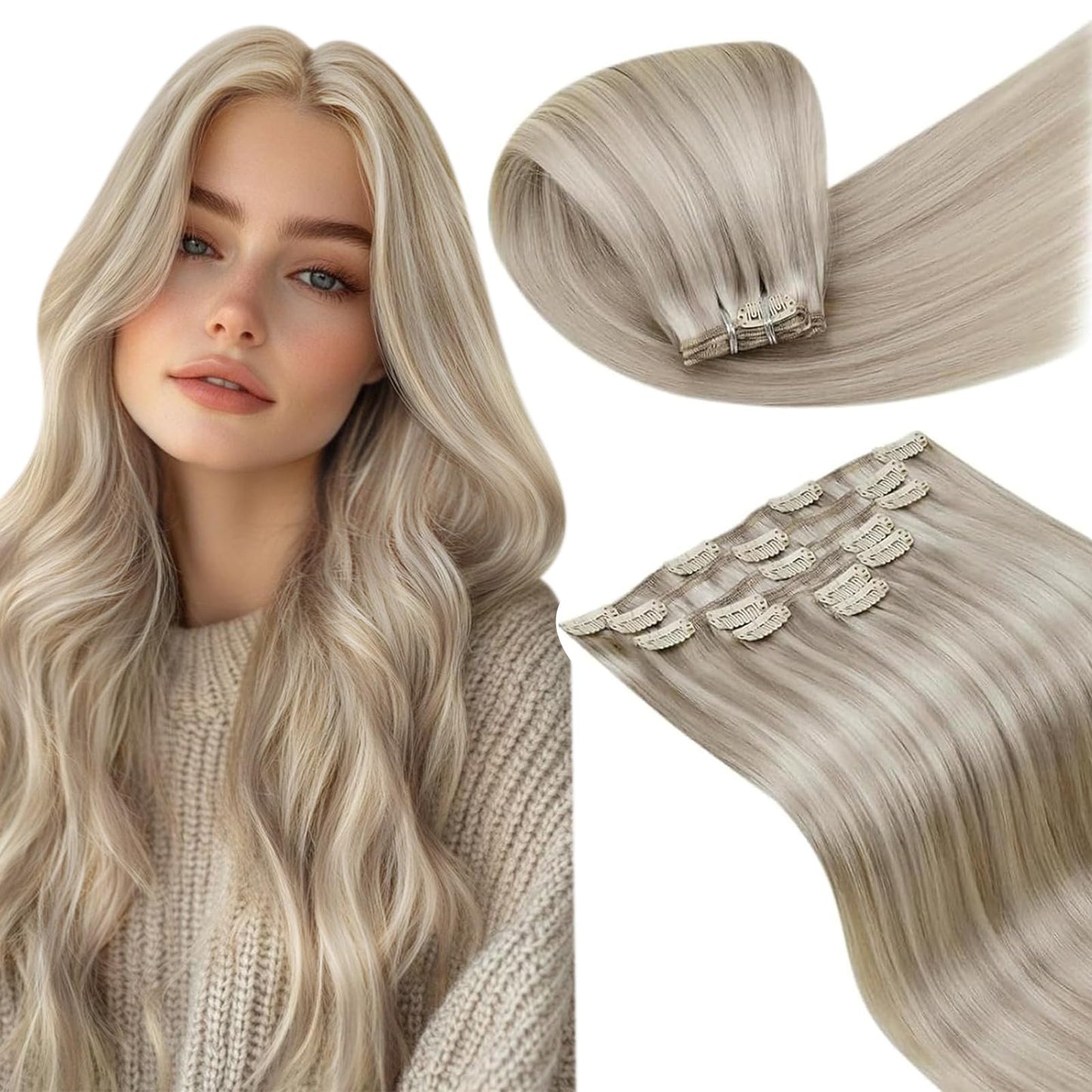 LaaVoo Clip in Hair Extensions Blonde Highlights 12 Inch Ash Blonde Mix Bleach Blonde Real Hair Extensions Clip in Human Hair Si