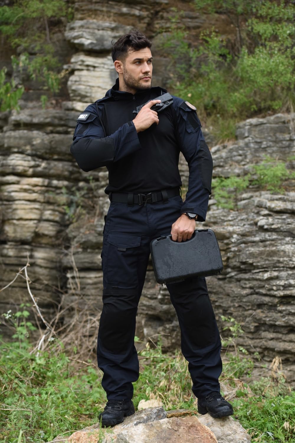 Men's Tactical Shirt, 1/4 Zip Long Sleeve Combat Shirt with Elow Pads, Tactical Hoodie with Pockets Blue