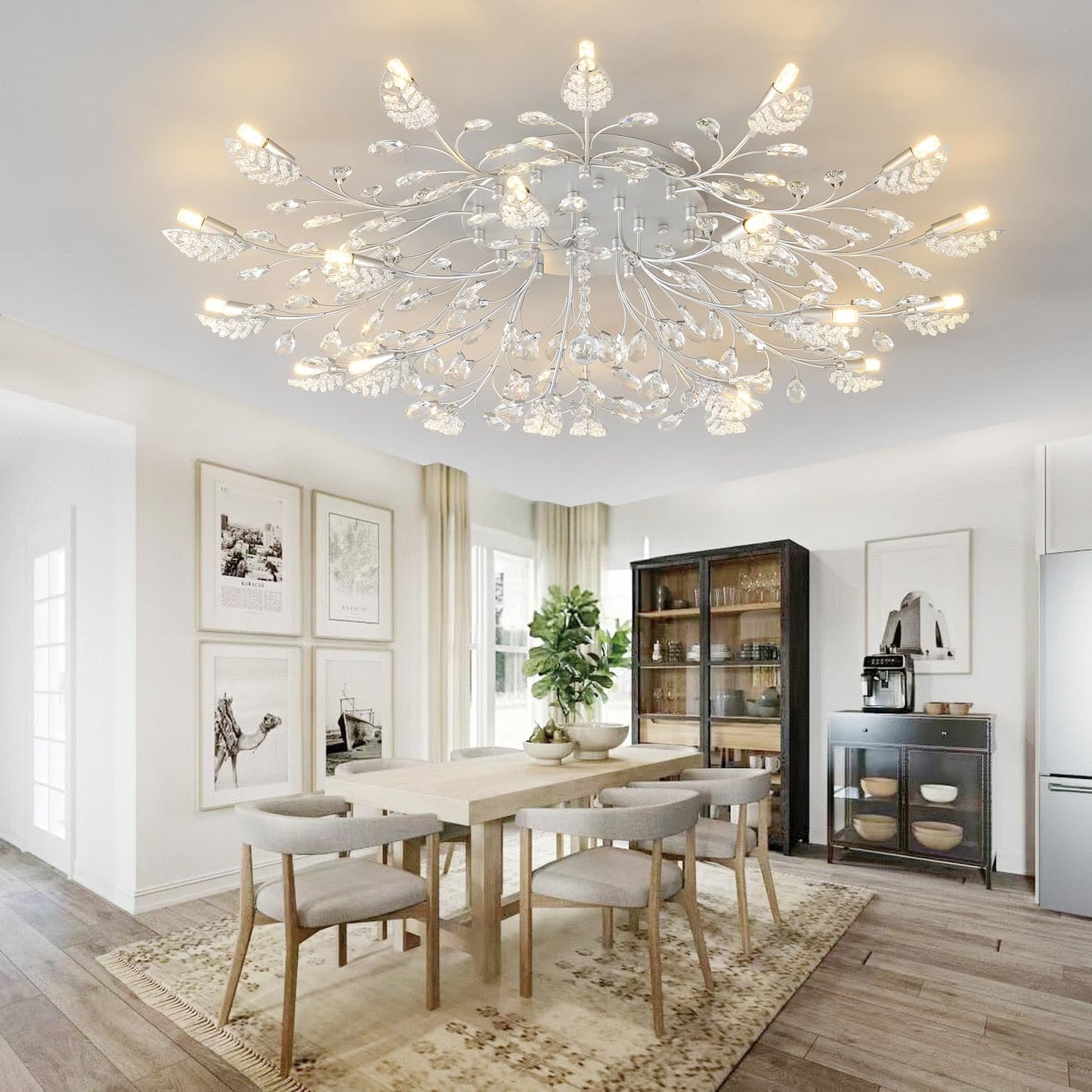 Ridiss Crystal Ceiling Light Fixture,Semi Flush Mount Chandeliers,Crystal Leaf Ceiling Light,Silvery Chandeliers for Dining Room,Living Room,Bedroom