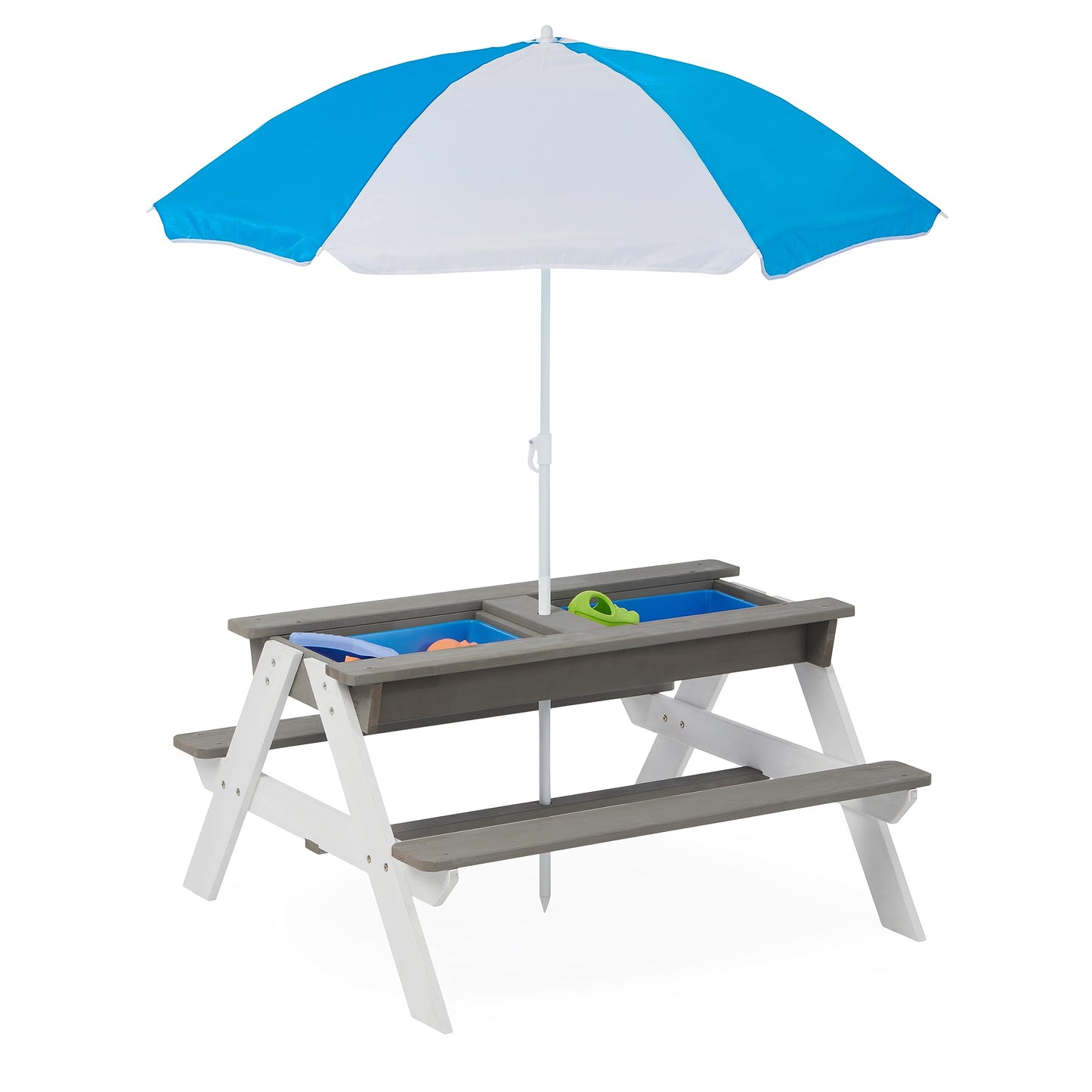 3 in 1Outdoor Wooden Picnic Table with Umbrella, Convertible Sand Wate, Gray CPSIA Certification