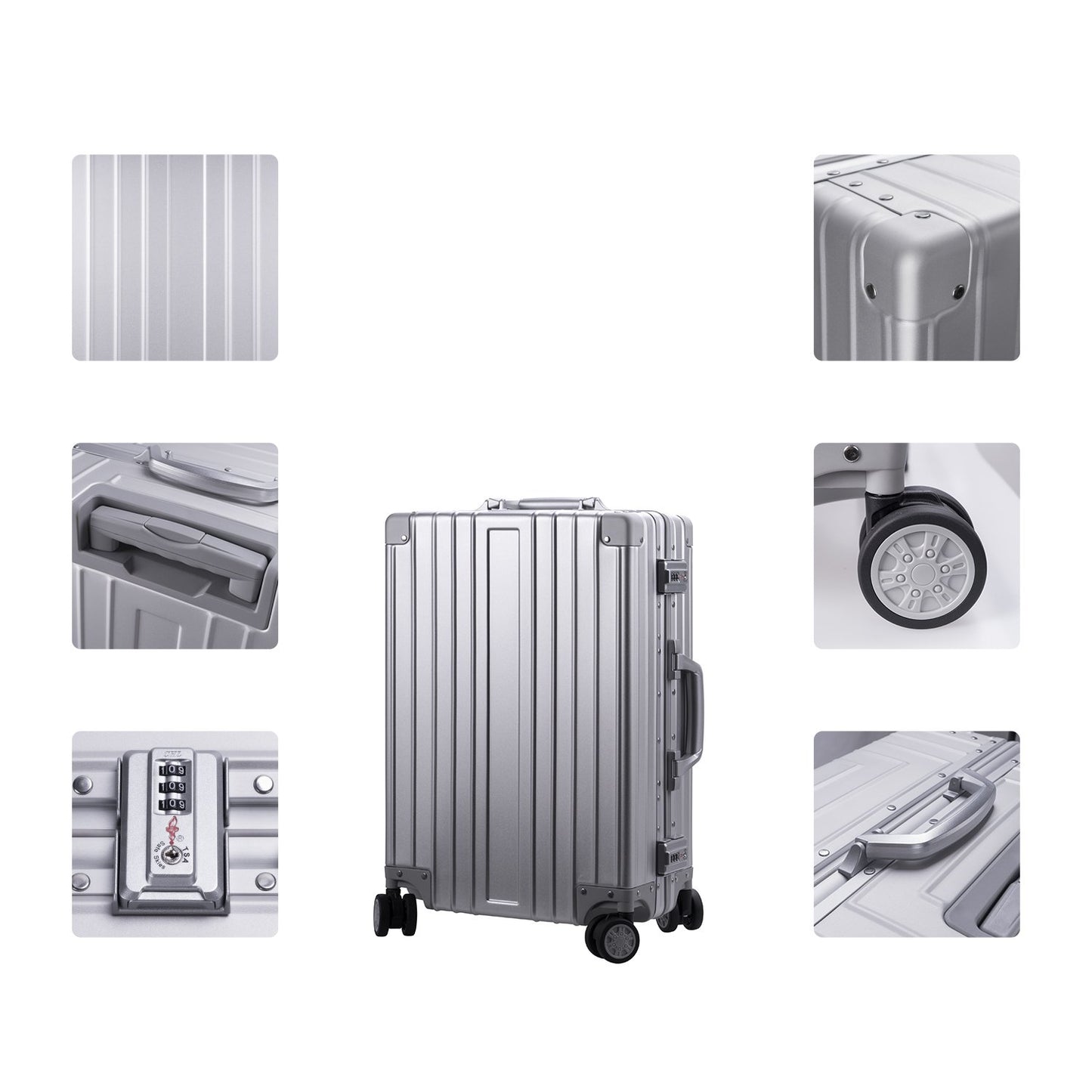 TRAVELKING All Aluminum Carry On Luggage Zipperless Hard Shell Luggage Case with TSA Lock Spinner Alloy Metal Suitcase (Silver, 20")