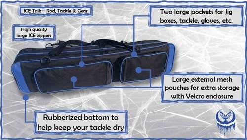 Mermaid Gear ICE Fishing Rod Tackle Bag - 36.5' X 8' X 6' Soft Sided Traveling Case, Water Proof Multi Use Storage for ICE Tungsten Jig Box, Tip Up Gloves (BLUE)