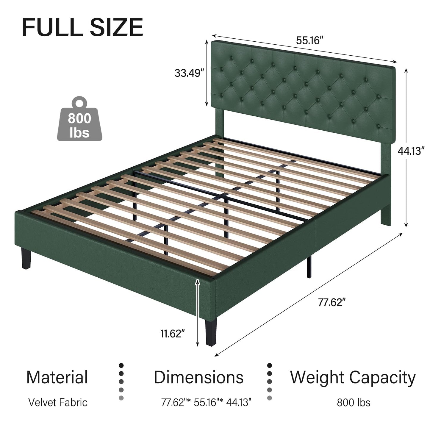 REVOMINCA Upholstered Full Size Bed Frame with Headboard, Green Bed Frame, Platform Bed with Button Tufted Desigh, No Box Spring Required, Easy Assembly, Green