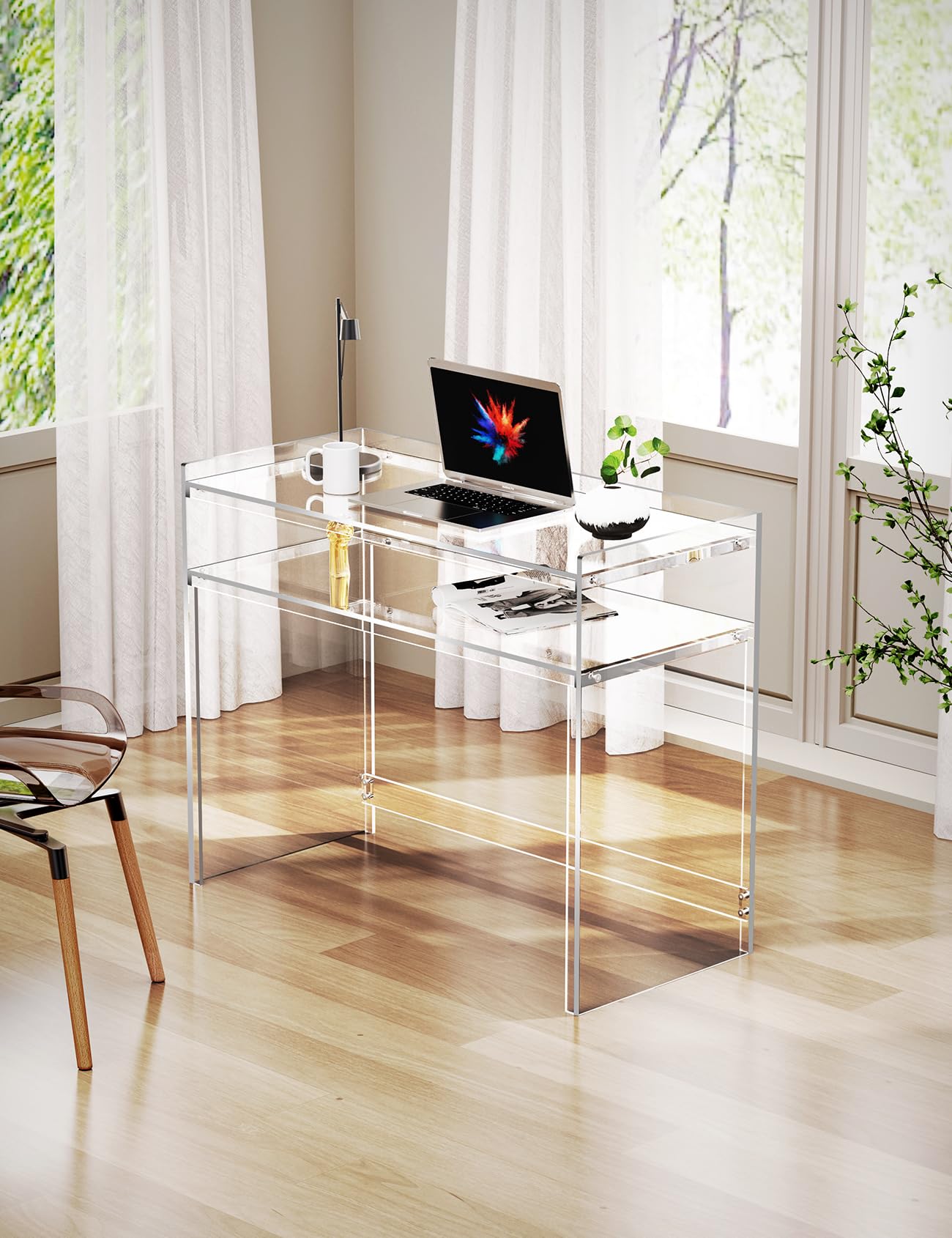Acrylic Vanity Clear Desk Make Up Table with Storage Shelves 17.7" D x 39.4" W x 31.5" H （Without Mirror ）
