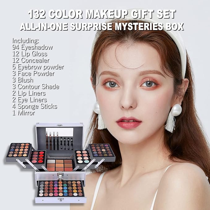 132 Color All In One Makeup Kit,Professional Makeup Case,Makeup Set for Teen Girls,Makeup Palette,Multicolor Eyeshadow Kit(006N2-Silver)
