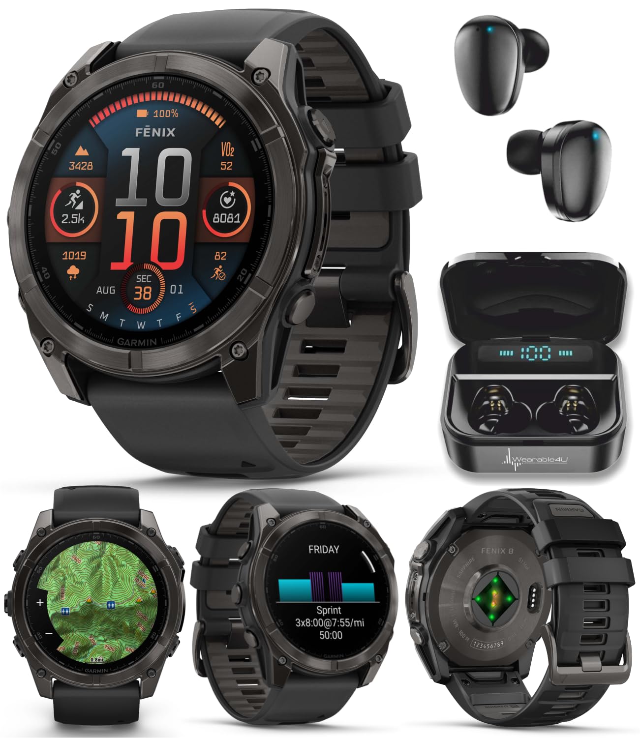 Wearable4U Garmin Fenix 8 51 Mm, Amoled Multisport Gps Smartwatch, Sapphire, Carbon Gray Dlc Titanium With Black/Pebble Gray Sil