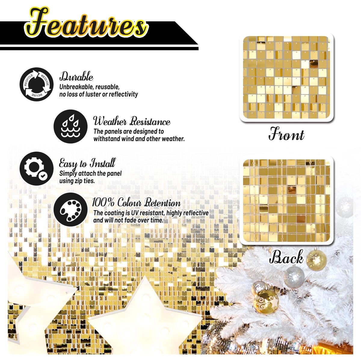 Kate Square Light Gold Sequin Wall Panels Shimmer Wall Birthday Party Backdrop Decorations (Pack of 12)