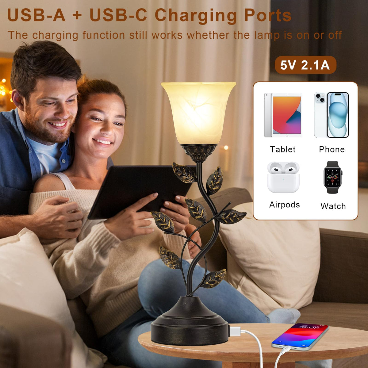 Bedside Lamps Set of 2, 20 Inch Retro Style Table Lamp for Bedroom Touch Control 3-Way Dimmable with USB C+A Charging Ports, Torchiere Lamps for Night Stands Metal Leaf and Glass Shade, Bulbs Included