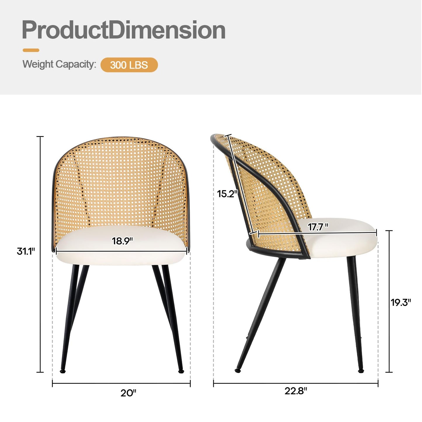 Bekrvio Dining Chairs Set of 4, Mid Century Modern Dining Room Chairs with Full Rattan Back, Faux Leather Kitchen Dining Chairs Farmhouse Armless Mesh Cane Back Side Chairs with Metal Legs, White