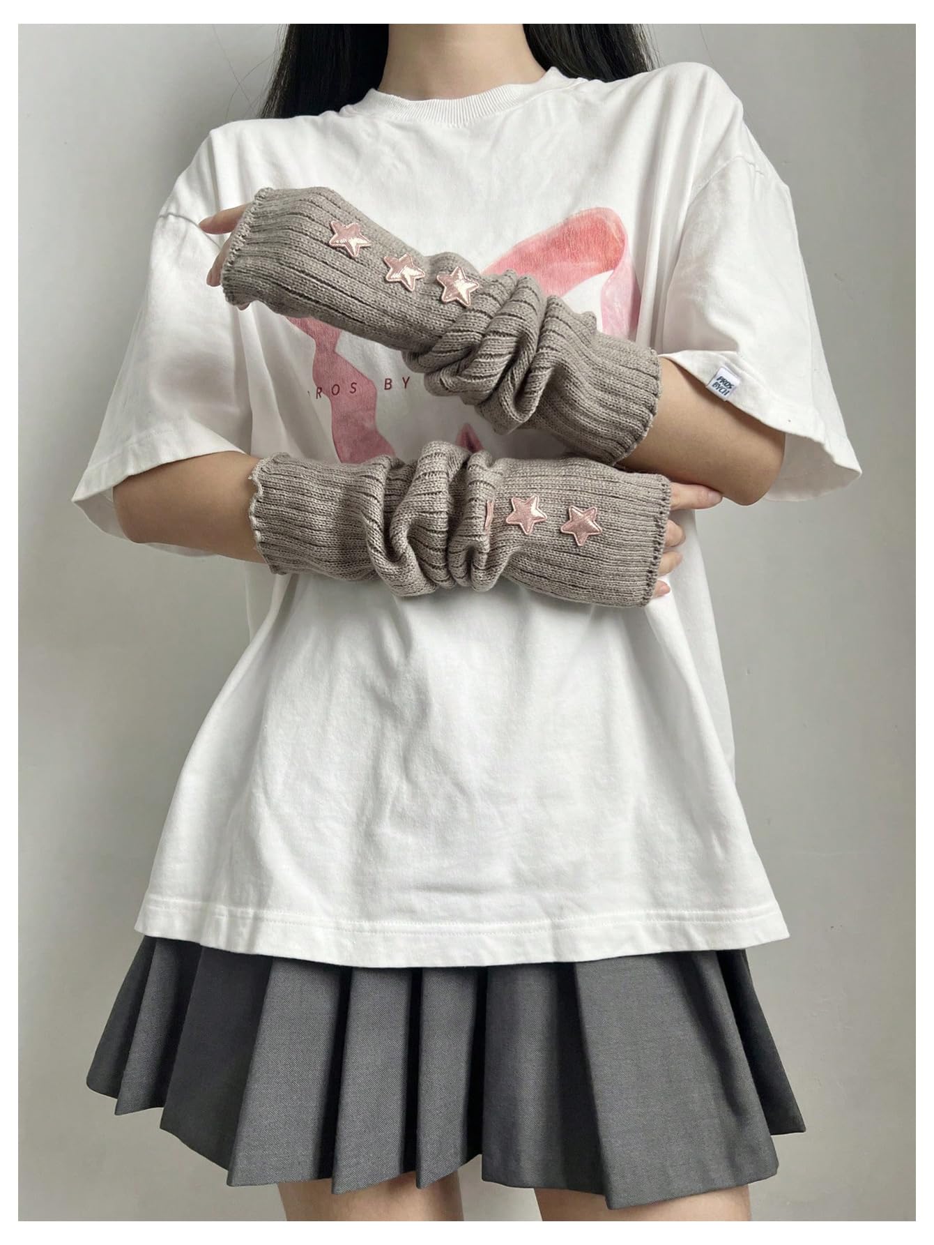 Verdusa Women's Y2k Arm Warmers Heart Knit Arm Sleeves Fingerless Gloves Apricot and Pink One-Size