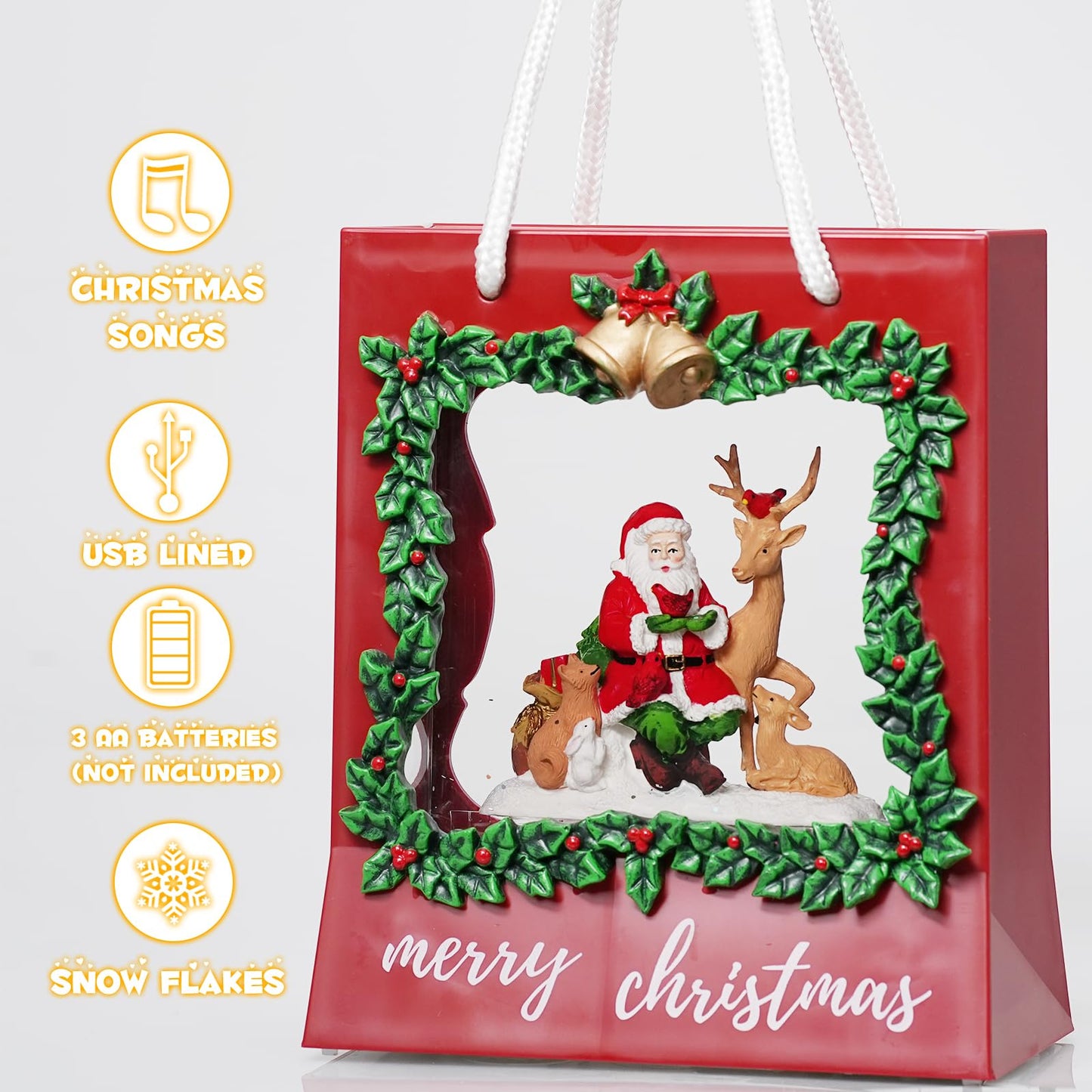 Santa Snow Globe Lantern, Musical Christmas Snow Globes with Swirling Glitter, Santa Claus with Reindeer Lighted Snow Globe Merry Christmas Indoor Holiday Party Gifts and Decorations