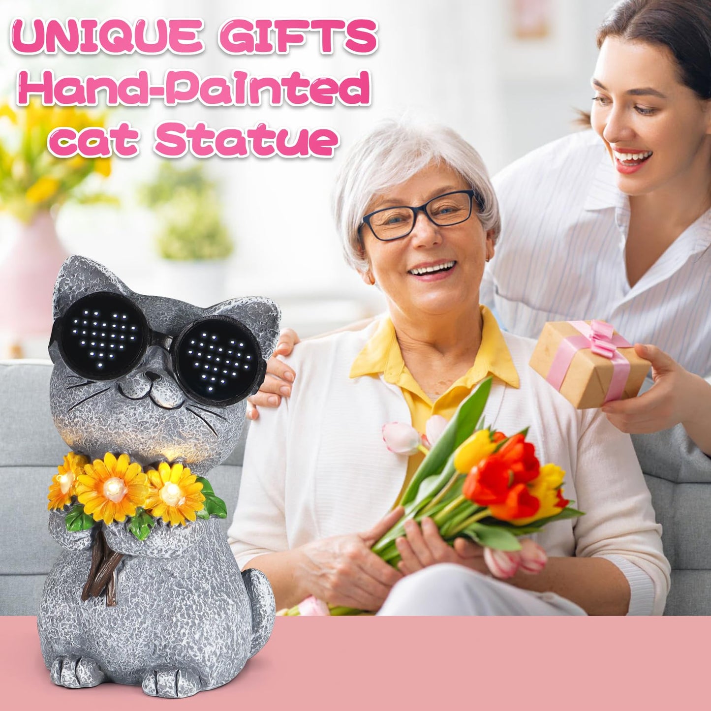 Pawatee Solar Garden Statues Cat with Daisy and LED Lights Birthday Gifts for Women Mom Grandma Solar Outdoor Decor for Patio Backyard Yard Lawn Decoration-Unique Housewarming Gifts