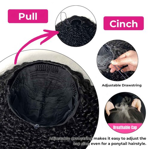 Larhali Kinky Curly Half Wig Human Hair 180% Density Wear And Go Glueless Wigs Human Hair 16 Inch Curly 3 In 1 Half Wigs for Women Drawstring Seamless Flip Headband Wig Beginner Friendly