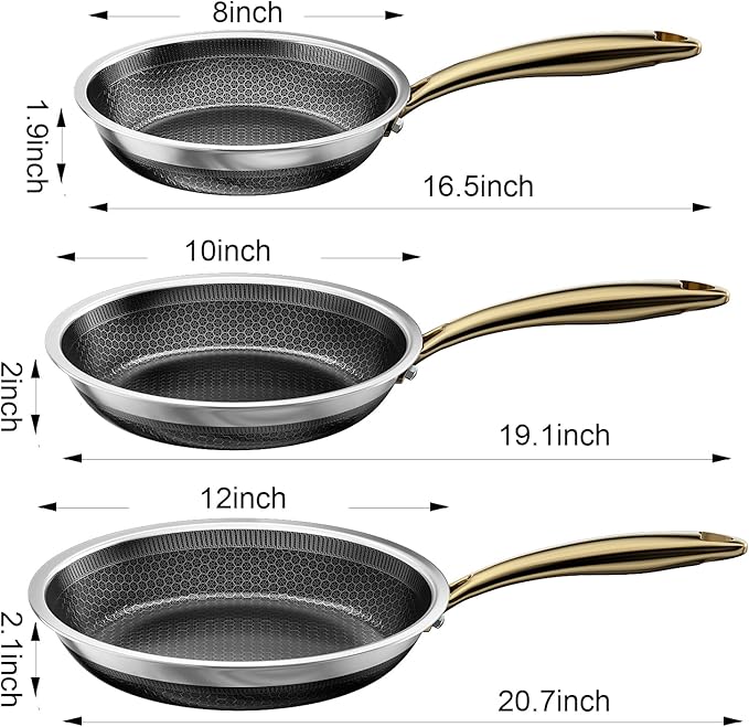 FogDream 3 Pcs Non Stick Frying Pans without Lids, 8, 10 & 12 Inch Stainless Steel Skillets, Tri-Ply Stainless Steel for All Cooktops, Dishwasher & Oven-Safe Cooking Pan, Stay-Cool Handle, Gold