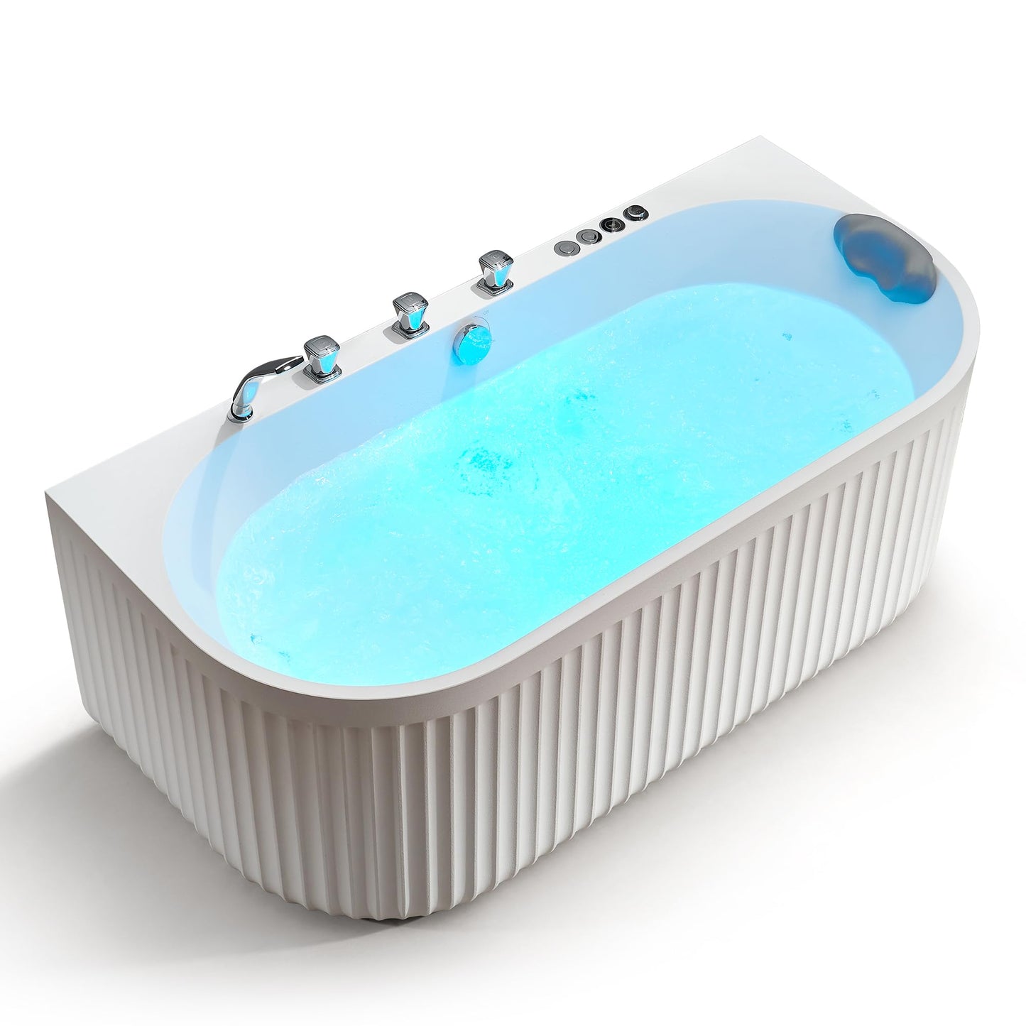 ANZZI Stone Bell 67" x 32" Freestanding Bathtub, Center Drain | Flat Bottom Tub with Air and Whirlpool Massage Jets, Lights, 5-Piece Faucet, 92 Gallon Free Standing Tub - White and Chrome