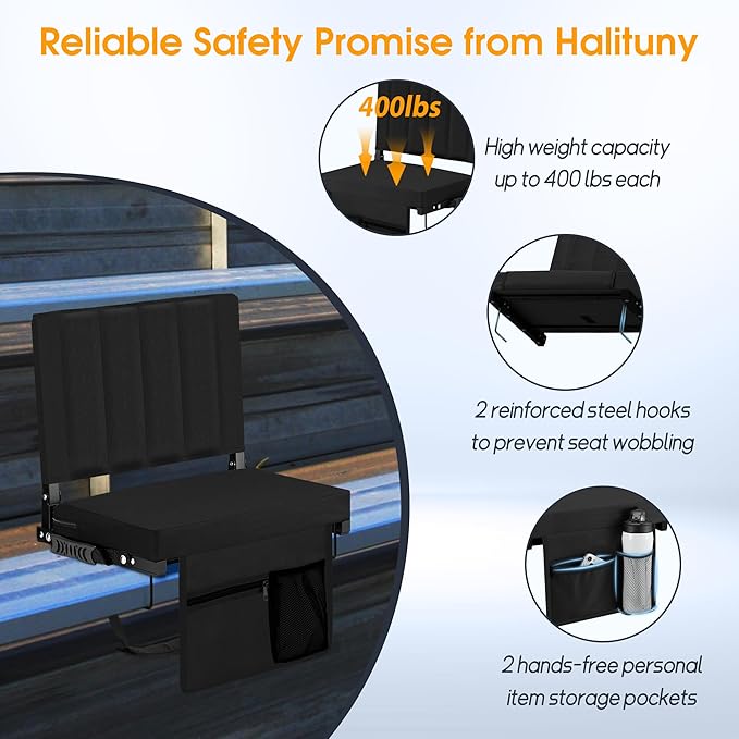 Halituny Stadium Seat for Bleachers with Back Support, Portable Bleacher Seat with Wide Comfy Padded Cushion, Metal Hook, Folding Stadium Chair with Shoulder Strap, Carry Handle, Cup Holder