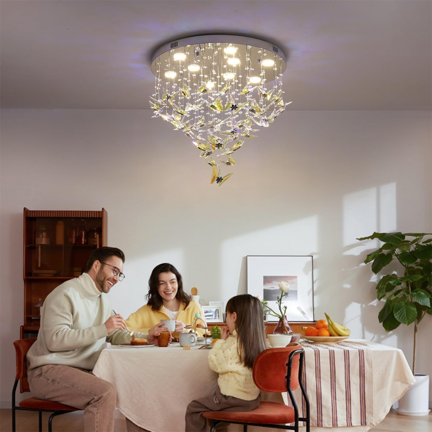 Modern Crystal Chandelier, 24 inch Flush Mount Crystal Ceiling Light with Remote and APP Control, 3CCT Dimmable, Elegant Butterfly LED Chandeliers for Bedroom Dining Room Living Room Foyer Entryway