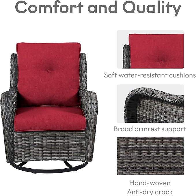 Belord 5 Piece Outdoor Patio Furniture Set - Wicker Furniture Patio Conversation Set, Outdoor Swivel Rocker Chairs with 3-Seater Sofa and 2 Ottomans for Small Space, Red Cushion