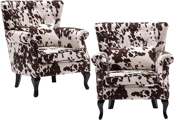 chairus Mid-Century Modern Accent Chairs Set of 2, Comfy Tufted Single Sofa Chair Wingback Armchair with Pillow for Club, Living Room, Bedroom - Velvet, Cow