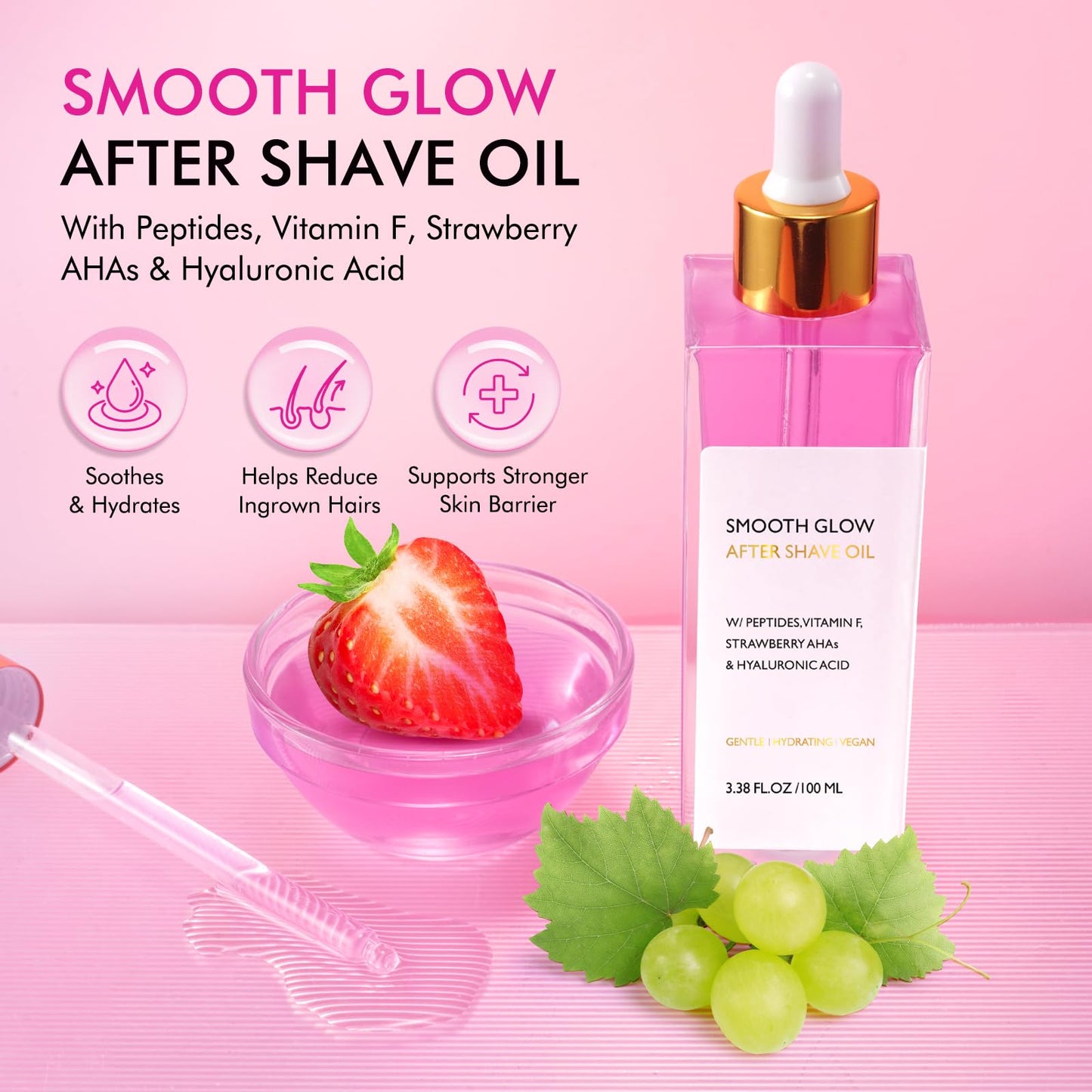 After Shave Oil, Soft After Shave Oil Strawberry & Vanilla for Women Smooth Skin, Soothing Post-Shave Care Fast Absorption,Preve