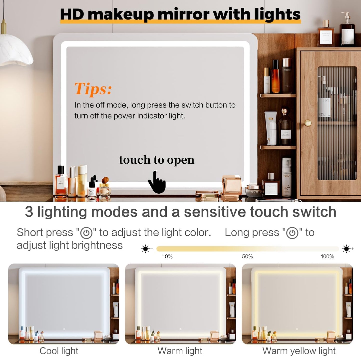 Arulvmrn Vanity Desk with 29.53" HD Lighted Mirror, 47.24" Big Modern Vanity Desk with Mirror and Lights, Makeup Vanity with 5 Drawers and Storage Shelves and Charging Station,Brown1