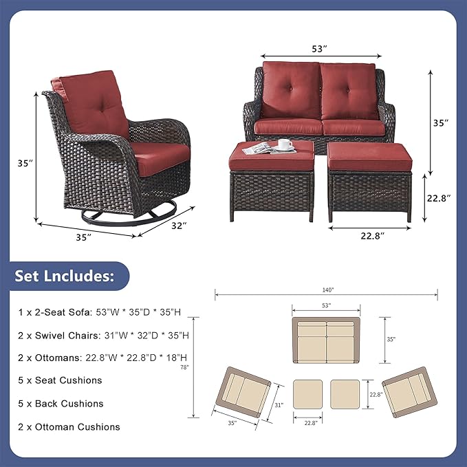 Rilyson Wicker Patio Furniture Set - 5 Piece Rattan Outdoor Sectional Conversation Sets with 2 Rocking Swivel Chairs,2 Ottomans and 1 Loveseat for Porch Deck Garden(Brown/Red)