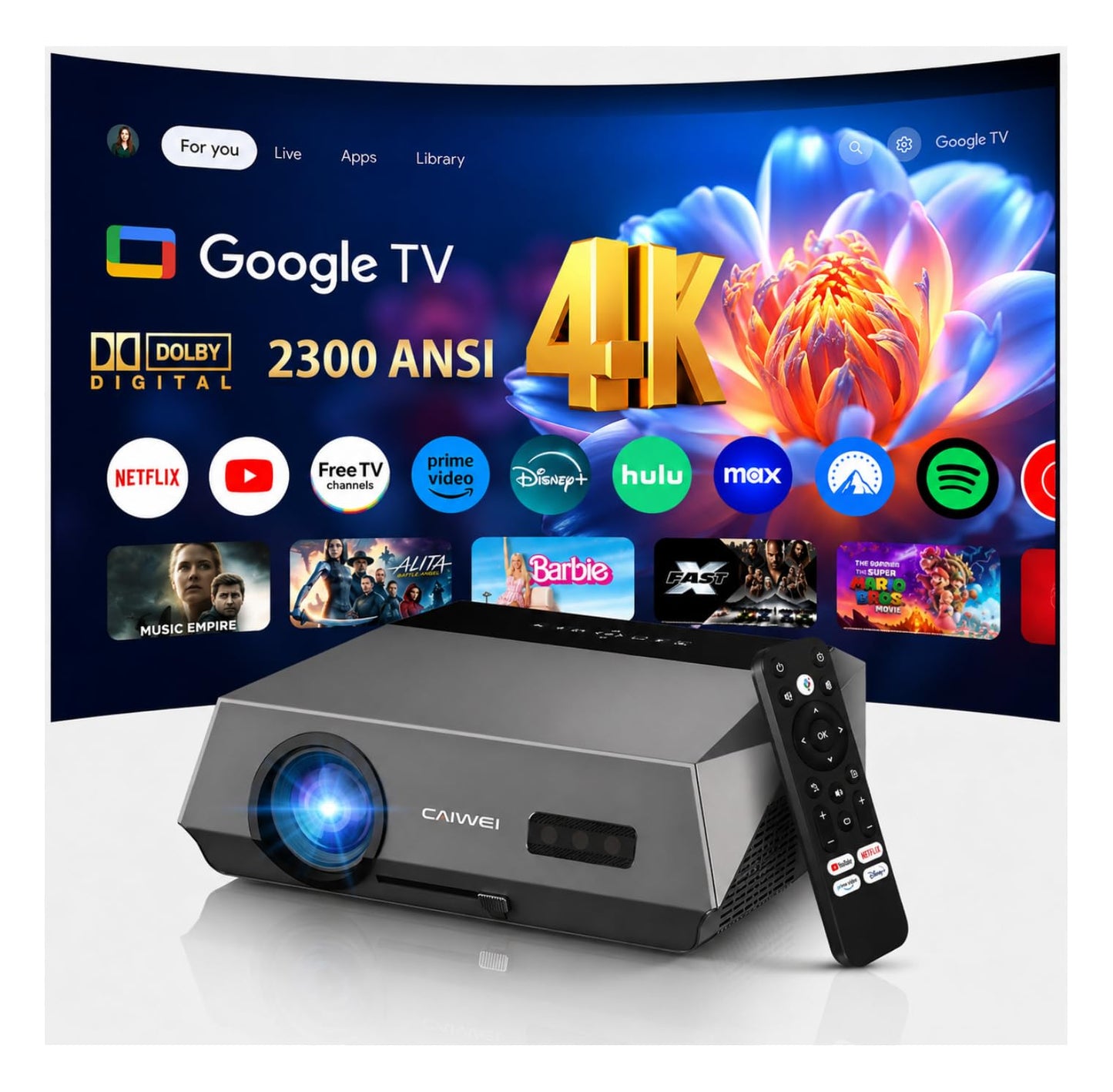 4K Smart Projector Google TV Home Theater, 2300 ANSI Ultra HD Daytime Projector with HDR10+, MEMC, ToF + CMOS AI Autofocus, NFC, HDMI ARC, DD+ &WiFi&Bluetooth for Bright Rooms, Outdoor Movies & Gaming