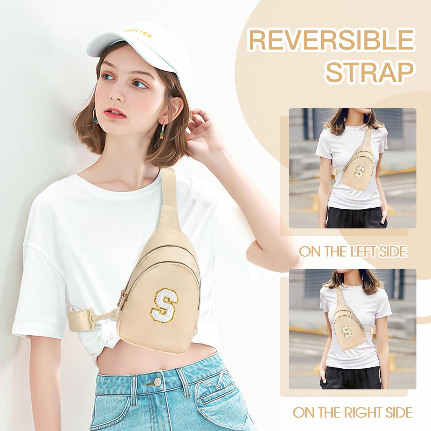 Viverte Small Initial Sling Bag Cross Body Bag Fanny Pack for Girls Teen Girl Gifts Trendy Stuff Personalized Gifts for Tween Teenager Girls Cute Cool Stuff for Girls (Beige-S)