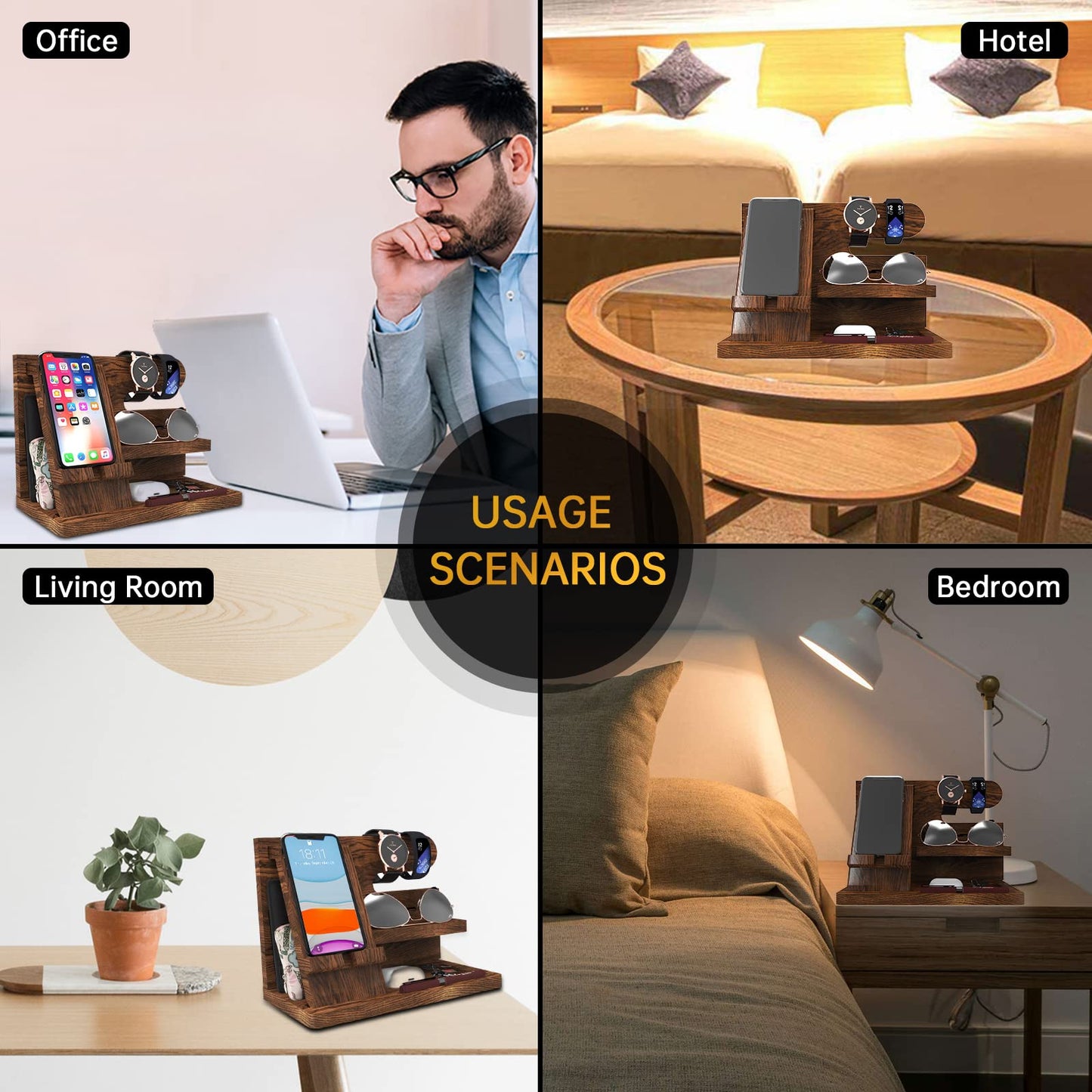 Iswabard Birthday Gifts for Men Wooden Phone Docking Station Organizer Dad Birthday Nightstand Organizer Desk Wood Gifts Valentines Day Gifts