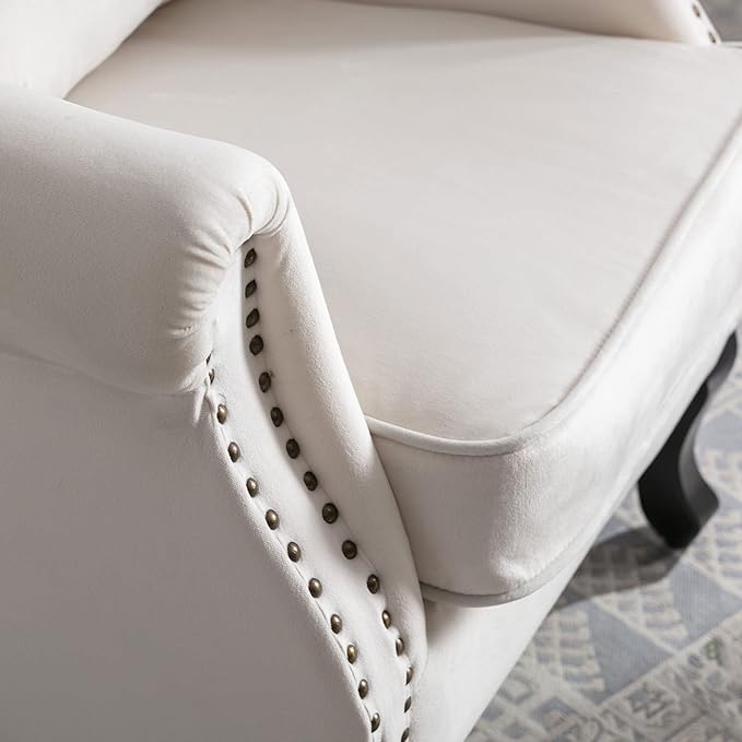DM Furniture Velvet Accent Chairs Set of 2 with Arm Comfy Living Room Chair Mid-Century Modern Wingback Side Chair Single Sofa Couch for Bedroom Guest Room, Cream