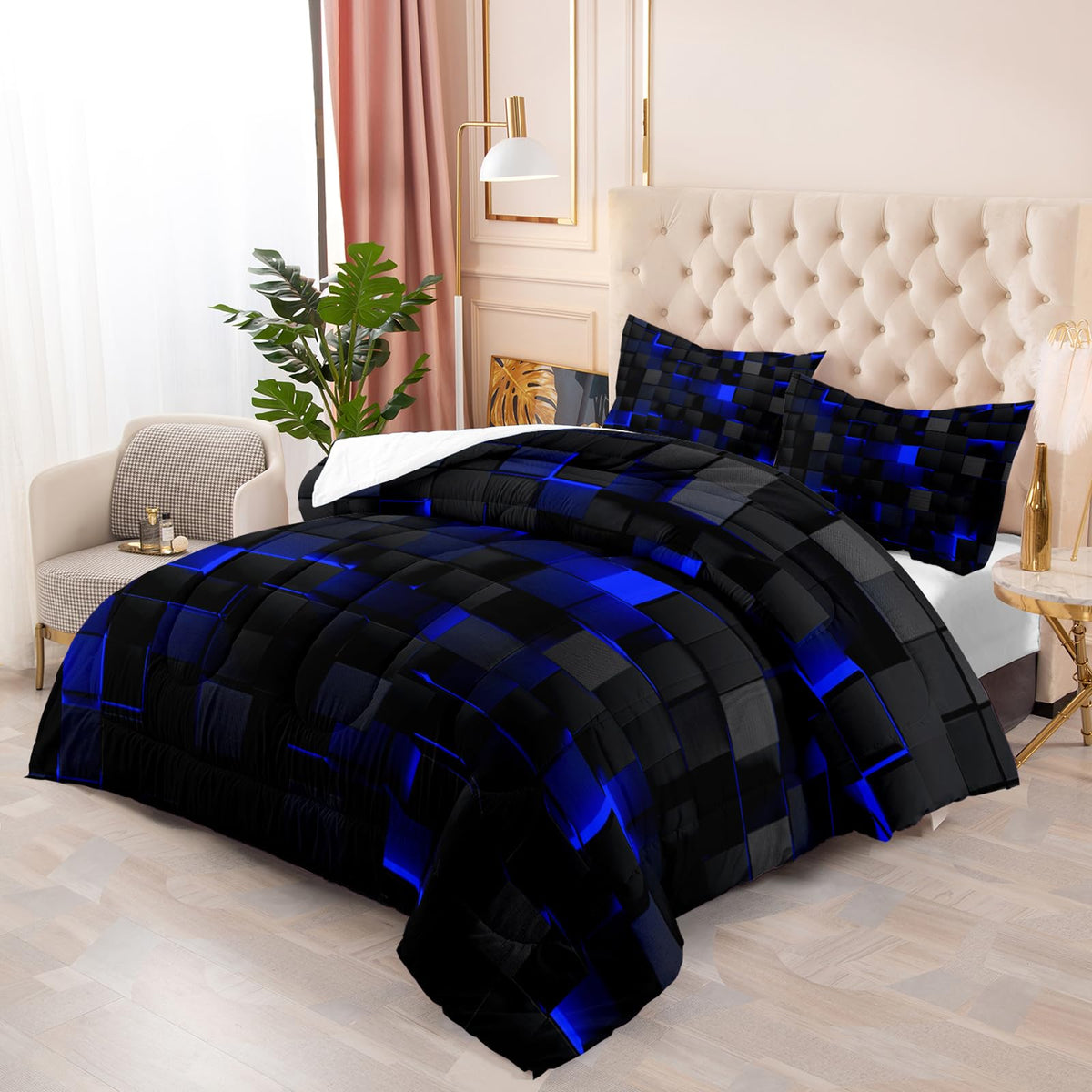 Nttopship Geometric Blue Black Comforter Set,Light Honeycomb 3 Piece Bedding Set Queen Size for Teen Boys,Modern Quilt Set Geometry Decor,Microfiber Lightweight 1 Comforter 2 Pillowcases All Season