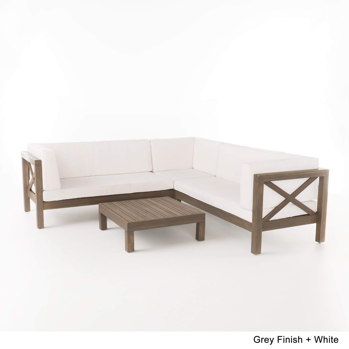 Christopher Knight Home Brava Outdoor Acacia Wood 5-Seater Sectional Sofa Set with Coffee Table and Water Resistant Cushions, 6-pcs Set, Gray Finish / White