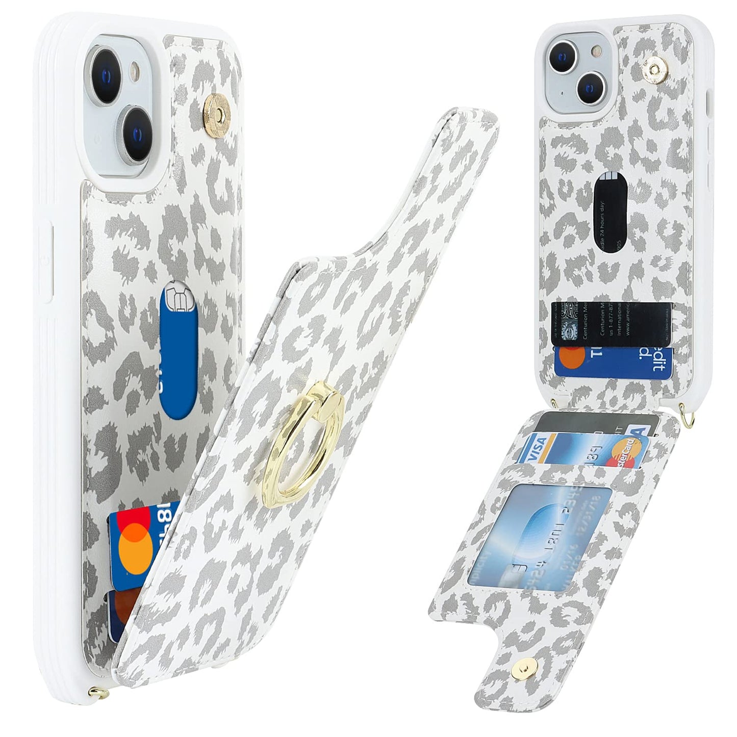 Lipvina For Iphone 14 Plus Case With Card Holder And Strap For Women,Crossbody Lanyard,Stand Ring Kickstand,Snap Clasp,Cute Phon