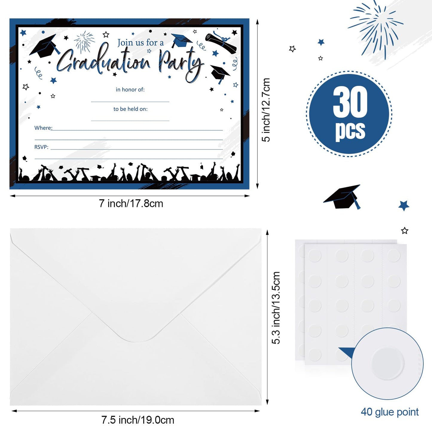 Yisong 30 Pcs Graduation Party Invitations Graduation Invite Cards with Envelopes Grad Announcement Cards for College High School University Grad Celebration Announcement Grad Party(Blue Black)