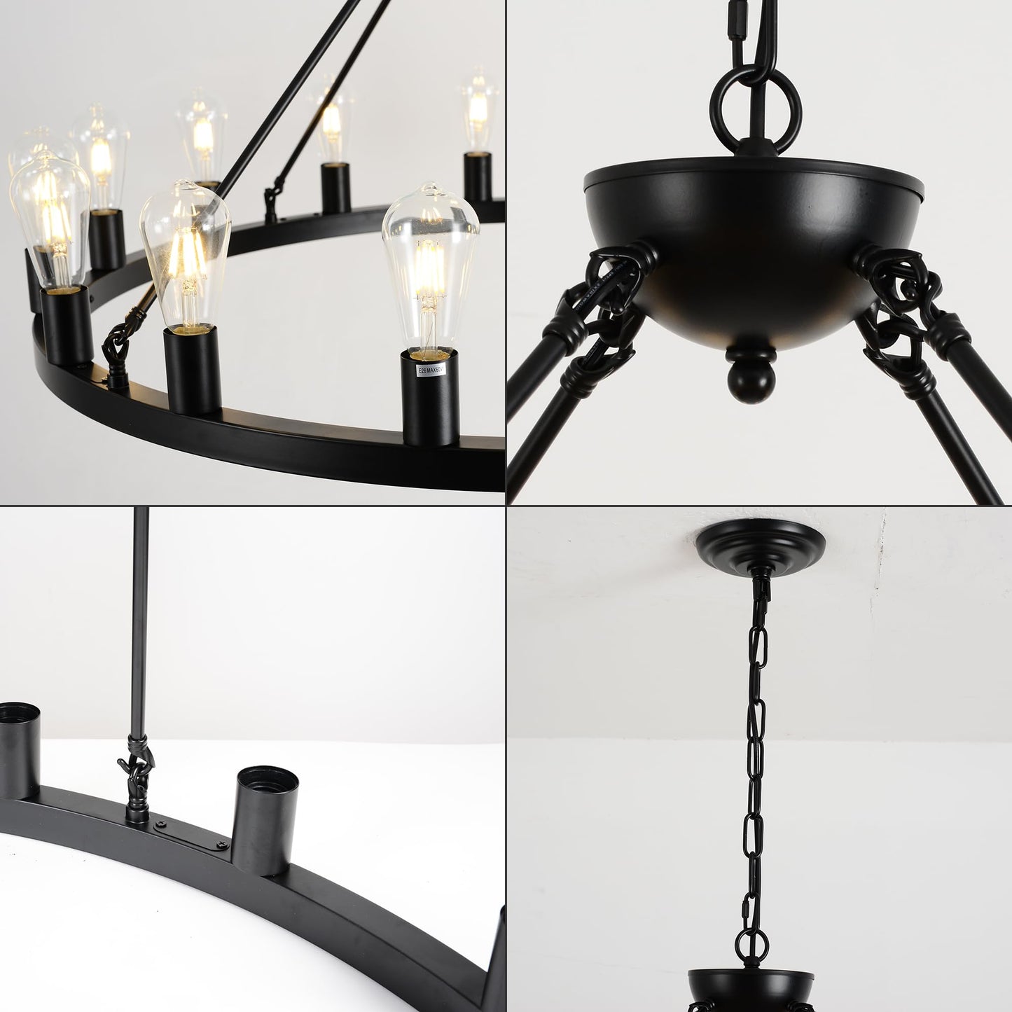 JTYP 40" Black Wagon Wheel Chandelier,E26 16-Light Large Round Rustic Farmhouse Chandelier Industrial Pendant Light Fixtures for Dining Room Living Room Kitchen Island Entryway Foyer