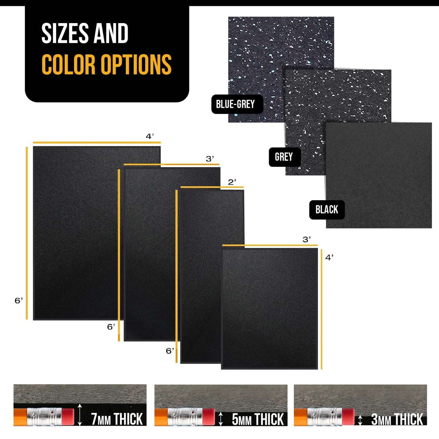 Rubber King Multi-Purpose Exercise Mat - 2' x 6' x 3mm - 100% Recycled Thick Rubber Mat for Home Gym Flooring, Non-Slip, Low-Odor Durable Workout Mat for Indoor/Outdoor, Shoe-Friendly - Black
