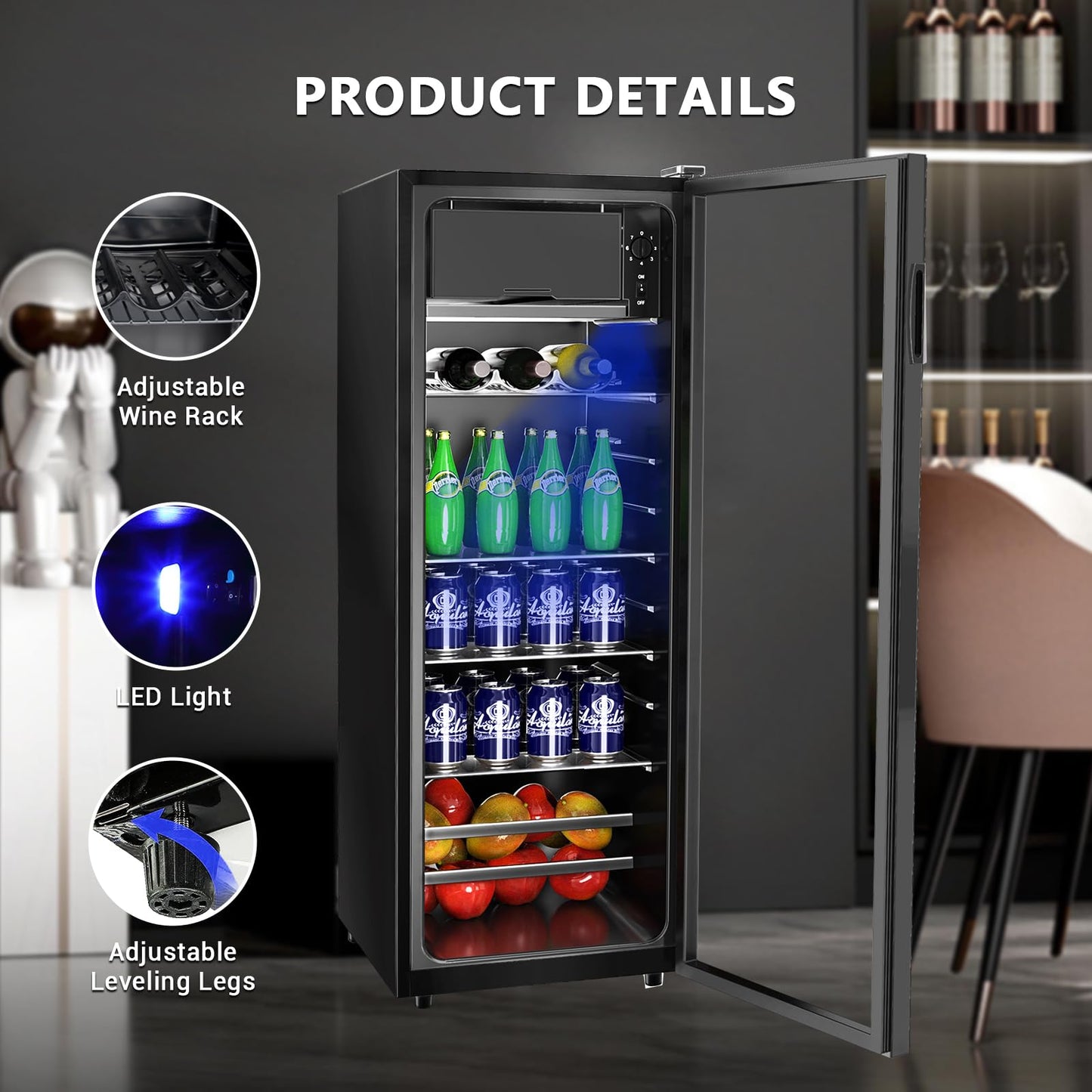 Zyerch Beverage Refrigerator, 180 Can Freestanding Mini Fridge with Glass Door for Soda Beer Wine, Small Drink Dispenser with Adjustable Temperature Control for Home, Office, Black