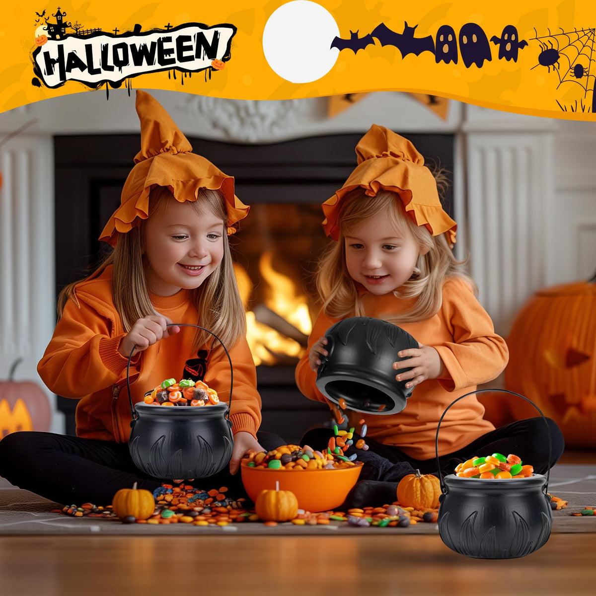 Rdogeia Halloween Decorations - Set of 3 Witches Cauldron Candy Serving Bowls on Rack, Black Plastic Cauldron with Skeletons for Indoor/Outdoor Home/Kitchen Decoration