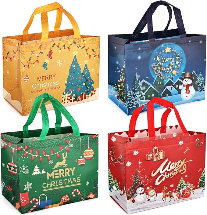 4PCS Christmas Gift Bags,Christmas Tote Treat Bags with Handles, Bags, Non-Woven Bags for Gifts Wrapping Shopping, Xmas Party Supplies