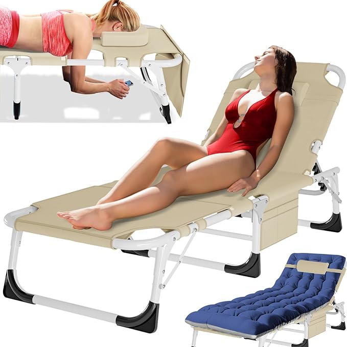 MOPHOTO Tanning Lounge Chair 5-Position, Outdoor Sunbathing Chairs Folding Chaise Lounge, Sun Tanning Lounger with Face Hole, Perfect for Pool Beach Patio Sunbathing