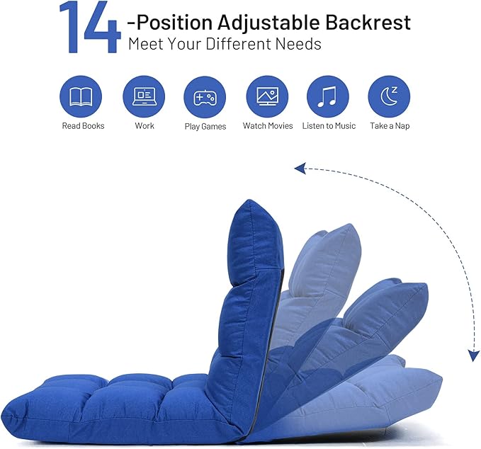 GORELAX Floor Chair with Back Support, 14-Poistion Adjustable Folding Gaming Chair Recliner, Meditation Chair with Steel Frame, Padded Lazy Sofa Chair for Adults, Kids (Blue)