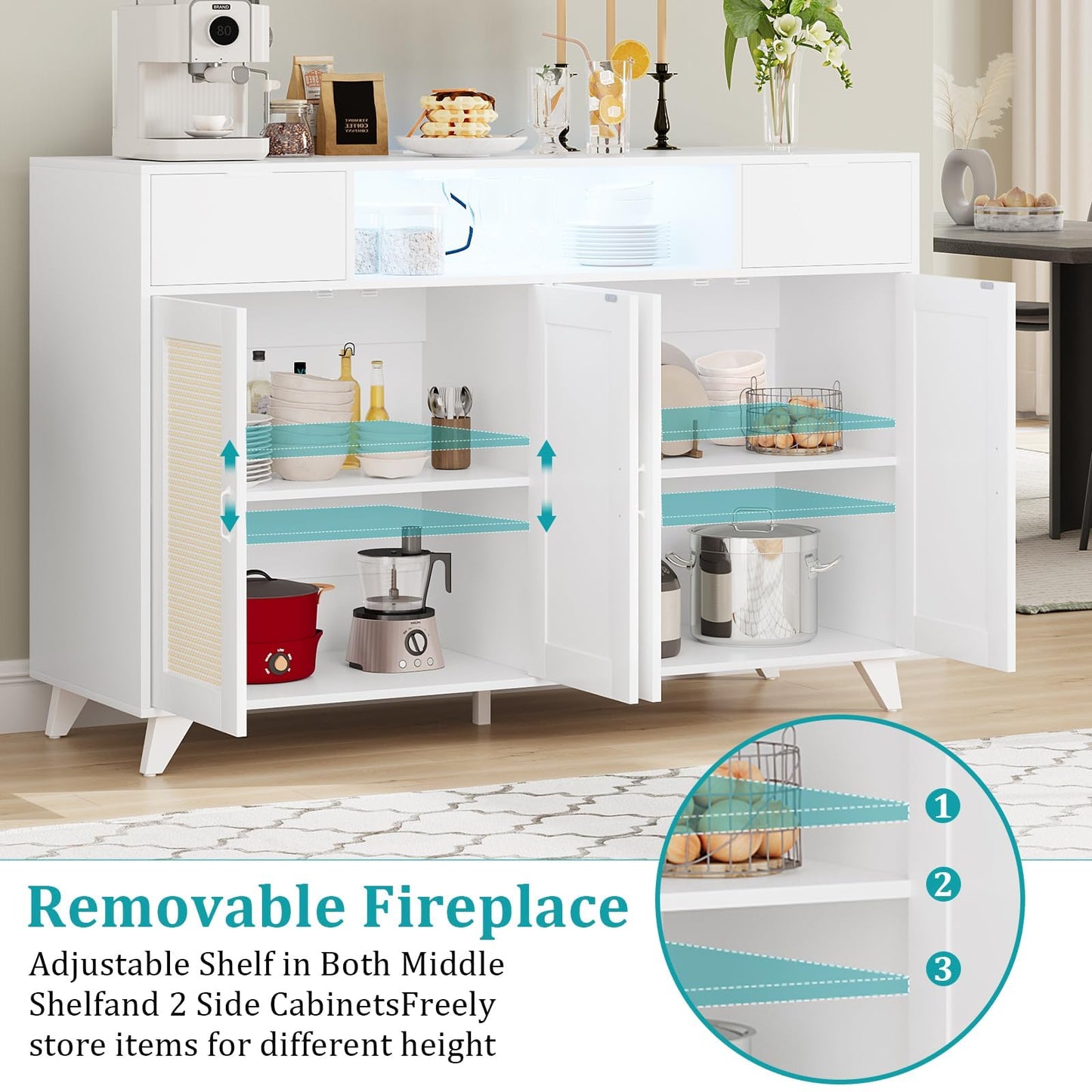 Rattan Sideboard Buffet Cabinet With LED Lights, 2 Drawers 2 Doors Storage Cabinet, Modern Console Table With Power Outlet & Adjustable Shelves, for Dining Room, Kitchen, Living Room
