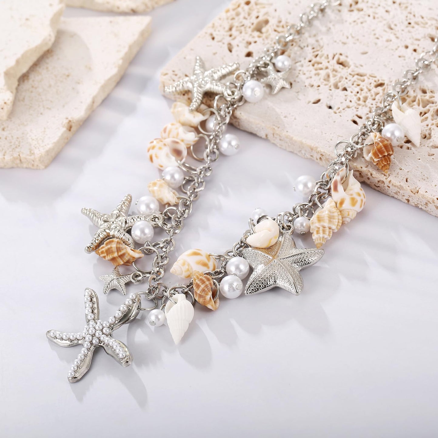 RUOFFETA Shell Starfish Necklace Bracelet Conch Statement Chunky Necklace Mermaid Costume Jewelry Beach Jewelry for Women(Neckla